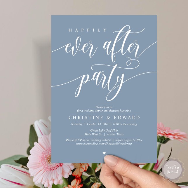 Invitación Afortunadamente Después De La Cena De Fiesta, Boda (Happily Ever After Party, Modern Wedding Elopement Dinner Invitation Card, PDF, in Dusty Blue)