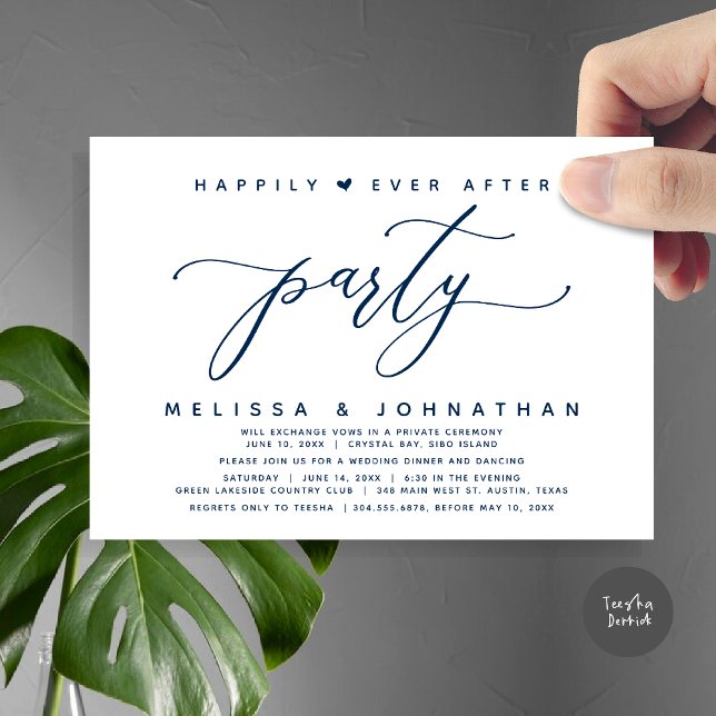 Invitación Afortunadamente Después De La Cena De Fiesta, Boda (Modern Romantic Wedding Elopement Happily Ever After Dinner Party Invitation Card, PDF, Navy Blue)