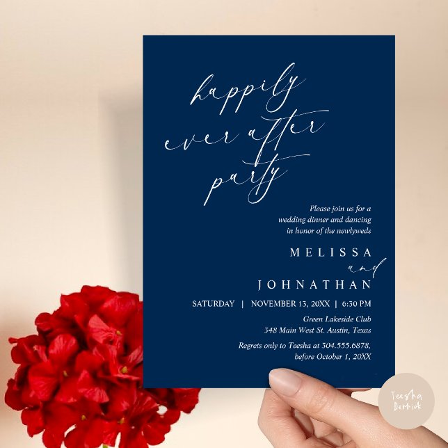 Invitación Afortunadamente Después De La Cena De Fiesta, Boda (Happily Ever After Party, Wedding Elopement Dinner Invitation Card, PDF, in Navy Blue)