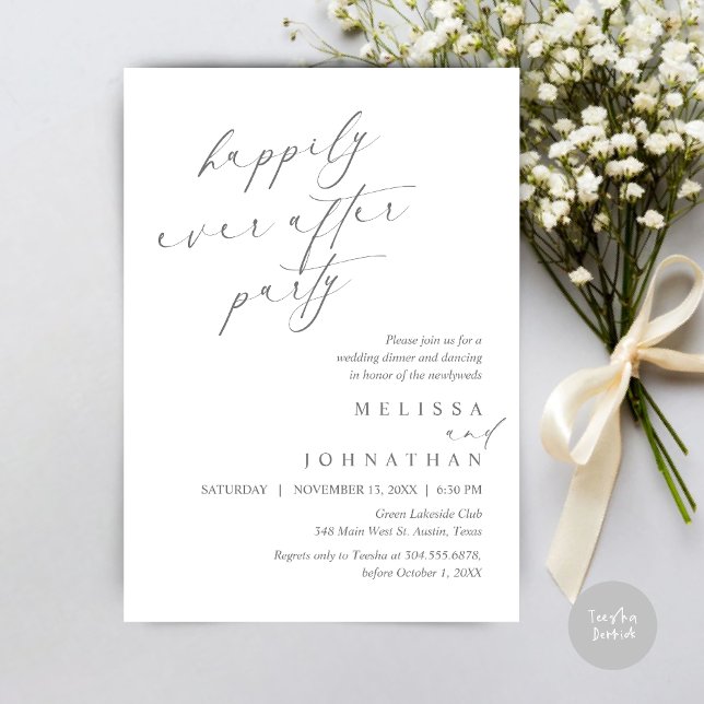 Invitación Afortunadamente Después De La Cena De Fiesta, Boda (Happily Ever After Party, Wedding Elopement Dinner Invitation Card, PDF, in Dark Grey)