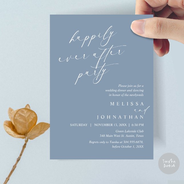 Invitación Afortunadamente Después De La Cena De Fiesta, Boda (Happily Ever After Party, Wedding Elopement Dinner Invitation Card, PDF, in Dusty Blue)