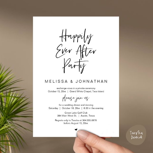 Invitación Afortunadamente Después De La Cena De Fiesta, Boda (Happily Ever After Party, Wedding Elopement Dinner Brunch Lunch Invitation Card, PDF, White Black)