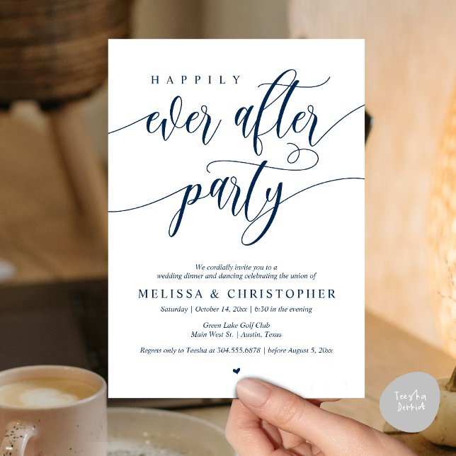 Invitación Afortunadamente Después De La Cena De Fiestas Y Bo (Happily Ever After Party, Wedding Dinner and Dancing Invitation Card, PDF, in Navy Blue)