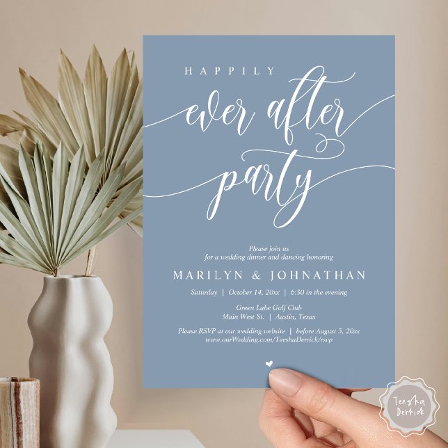 Invitación Afortunadamente Después De La Cena De Fiestas Y Bo (Happily Ever After Party, Modern Minimalist Wedding Dinner Invitation Card, PDF, Dusty Blue)