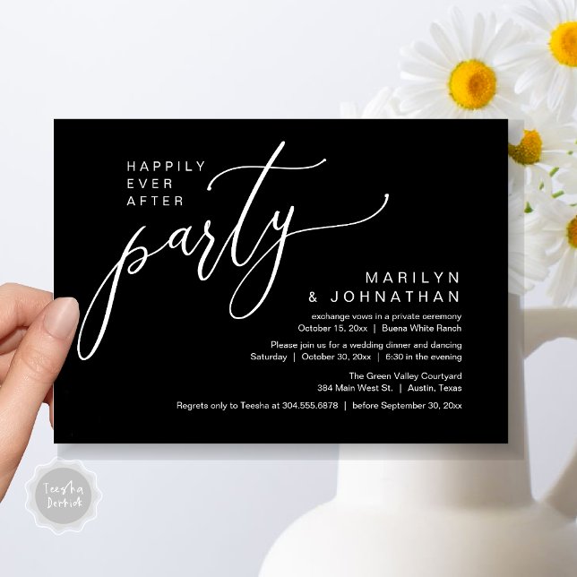 Invitación Afortunadamente Después De La Cena De La Recepción (Happily Ever After Party Modern Romantic Wedding Reception Dinner Invitation Card PDF Classy Black)