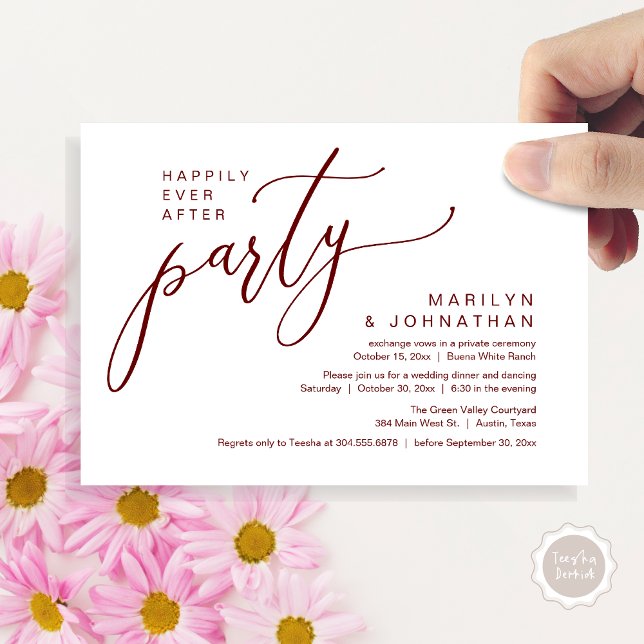 Invitación Afortunadamente Después De La Cena De La Recepción (Happily Ever After Party Modern Romantic Wedding Reception Dinner Invitation Card PDF Burgundy Wine)