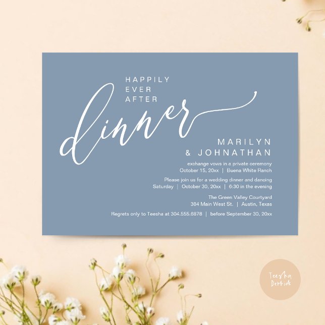 Invitación Afortunadamente Después De La Cena De La Recepción (Happily Ever After Party Modern Romantic Wedding Reception Dinner Invitation Card PDF Dusty Blue)