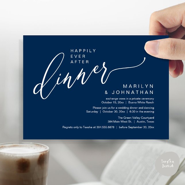 Invitación Afortunadamente Después De La Cena De La Recepción (Happily Ever After Party Modern Romantic Wedding Reception Dinner Invitation Card PDF Navy Blue)