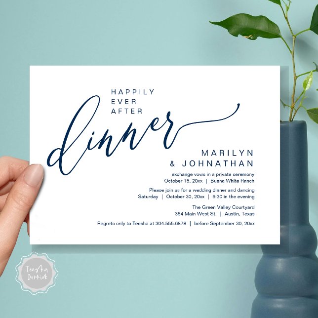 Invitación Afortunadamente Después De La Cena De La Recepción (Happily Ever After Party Modern Romantic Wedding Reception Dinner Invitation Card PDF Navy Blue)