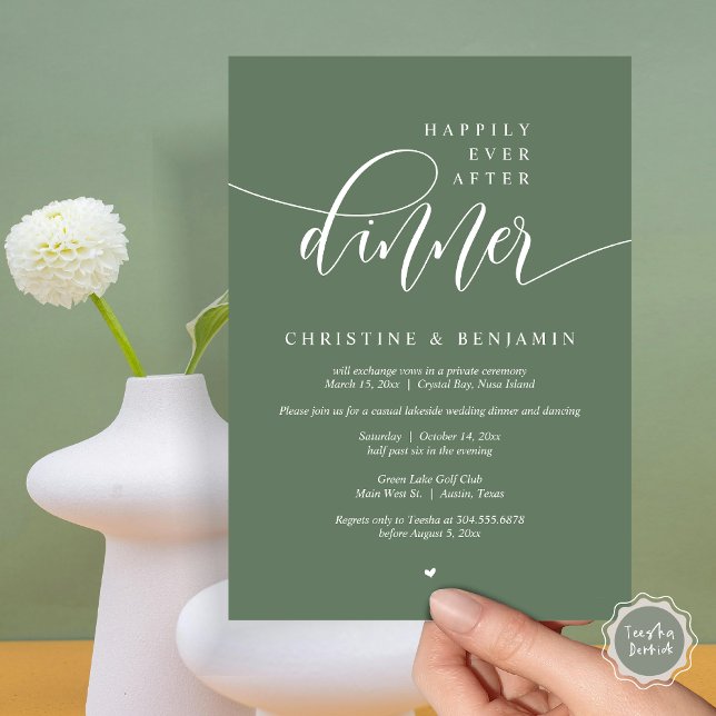 Invitación Afortunadamente Después De La Cena, Elipement Mode (Happily Ever After Dinner, Modern Wedding Elopement Party Invitation Card, PDF, Forest Sage Green)