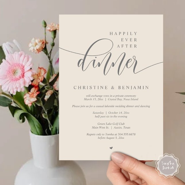 Invitación Afortunadamente Después De La Cena, Elipement Mode (Happily Ever After Dinner, Modern Wedding Elopement Party Invitation Card, PDF, Dark Grey Cream)