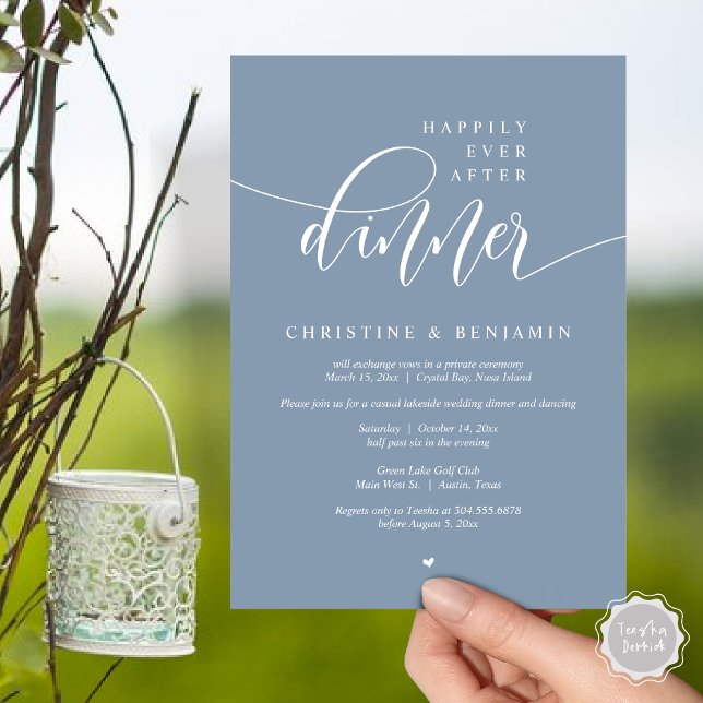 Invitación Afortunadamente Después De La Cena, Elipement Mode (Happily Ever After Dinner, Modern Wedding Elopement Party Invitation Card, PDF, Dusty Blue)