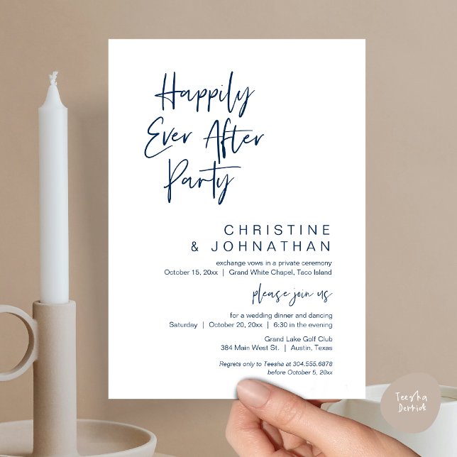 Invitación Afortunadamente después de la cena, Fiesta Boda de (Wedding Happily Ever After Party Dinner Brunch Elopement Invitation Card, PDF, Navy Blue)