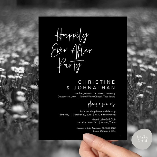 Invitación Afortunadamente después de la cena, Fiesta Boda de (Wedding Happily Ever After Party Dinner Brunch Elopement Invitation Card, PDF, Classy Black)