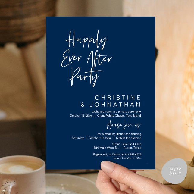 Invitación Afortunadamente después de la cena, Fiesta Boda de (Wedding Happily Ever After Party Dinner Brunch Elopement Invitation Card, PDF, Navy Blue)