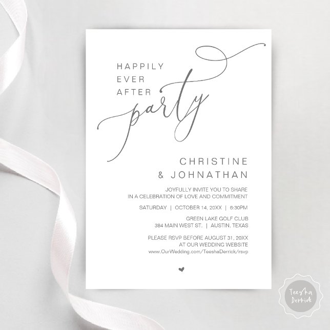 Invitación Afortunadamente, después de la cena nupcial bailan (Happily Ever After Wedding Party Romantic Dinner Dancing Invitation Card, PDF, in Dark Grey)
