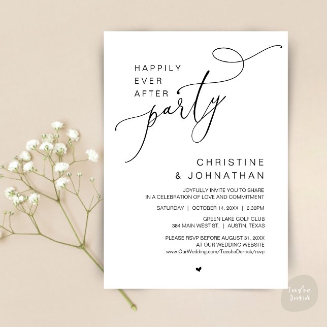 Invitación Afortunadamente, después de la cena nupcial bailan (Happily Ever After Wedding Party Romantic Dinner Dancing Invitation Card, PDF, in Black and White)