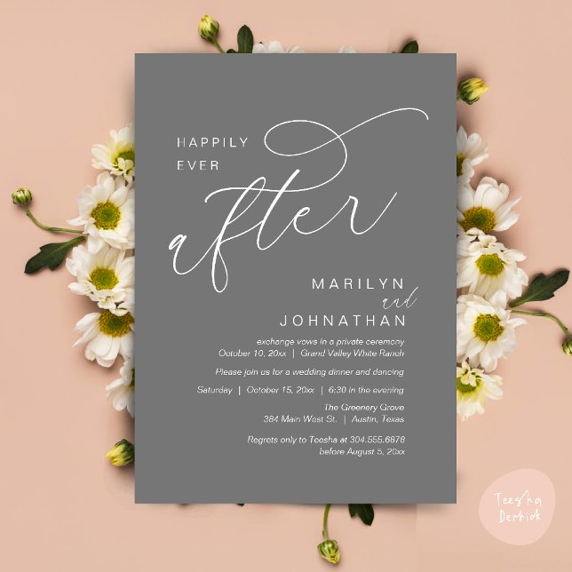 Invitación Afortunadamente, después de la cena nupcial bailan (Romantic Happily Ever After Wedding Dinner Party Lunch Brunch Invitation PDF Card Dark Grey)