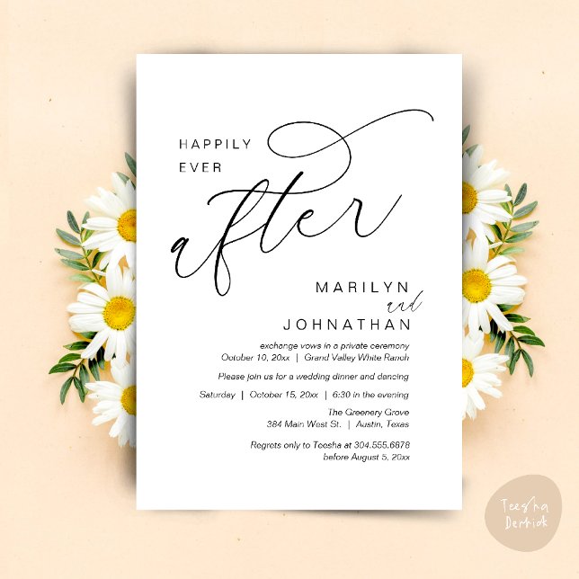 Invitación Afortunadamente, después de la cena nupcial bailan (Romantic Happily Ever After Wedding Dinner Party Lunch Brunch Invitation PDF Card Black White)