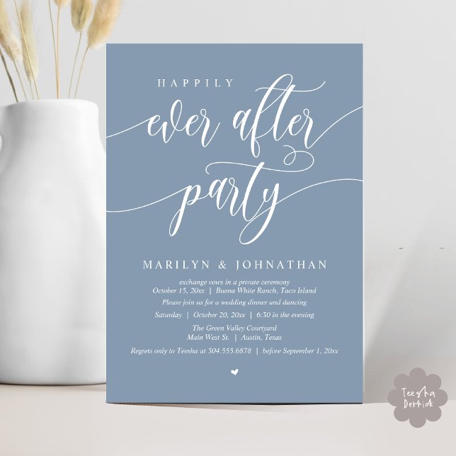 Invitación Afortunadamente Después De La Evolución Del Boda M (Happily Ever After Party Modern Wedding Elopement Dinner Lunch Brunch Invites Card PDF Dusty Blue)