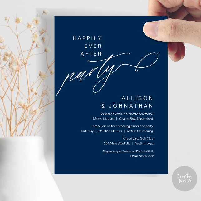 Invitación Afortunadamente Después De La Evolución Fiesta, Bo (Happily Ever After Party, Modern Wedding Elopement Dinner Invitation Card, PDF, Navy Blue)