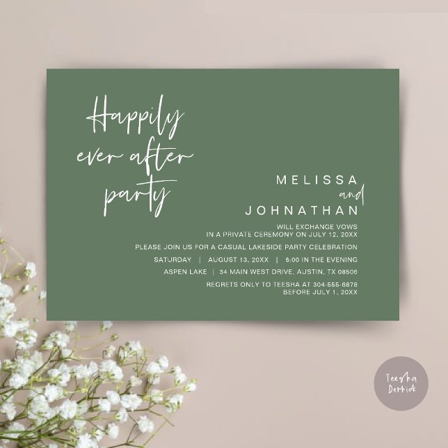 Invitación Afortunadamente, después de la fiesta de la boda,  (Happily Ever After Party Invitation Card, PDF, Modern Wedding Elopement, in Forest Sage Green)