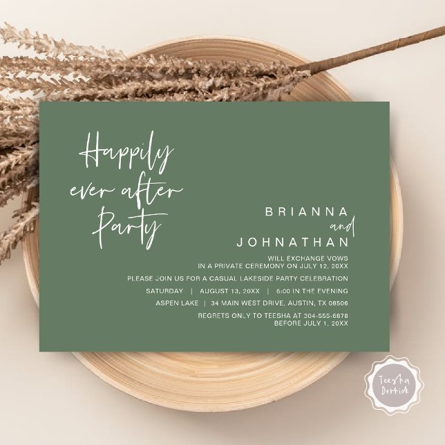 Invitación Afortunadamente, después de la fiesta de la boda,  (Happily Ever After Party Invitation Card, PDF, Modern Wedding Elopement, in Forest Sage Green)