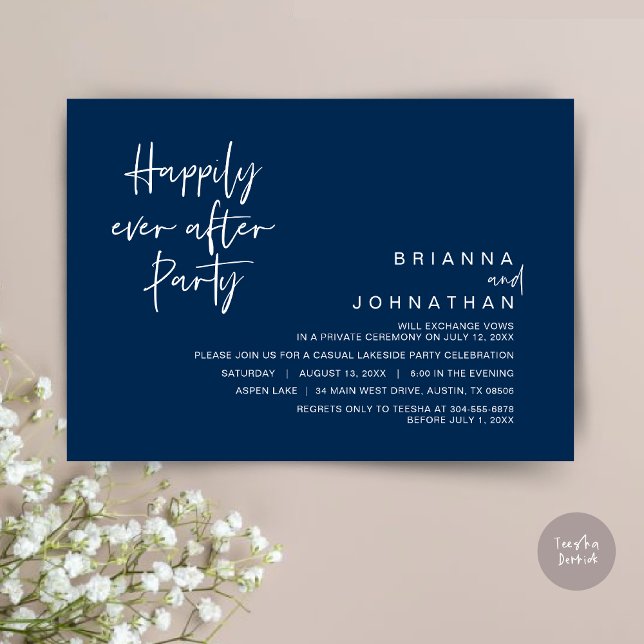 Invitación Afortunadamente después de la fiesta nupcial, azul (Happily Ever After Party Invitation Card, PDF, Modern Wedding Elopement, in Classy Navy Blue)