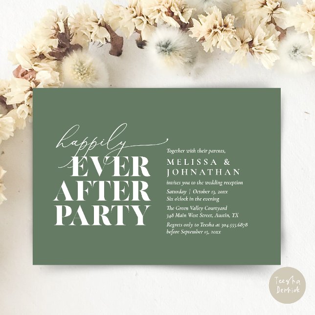 Invitación Afortunadamente Después De La Recepción De La Boda (Happily Ever After Party, Modern Wedding Reception Dinner Invitation Card pdf Sage Green)