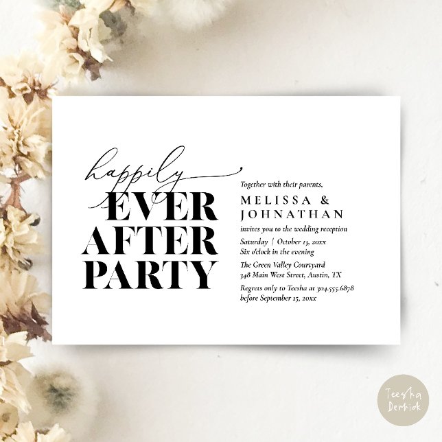 Invitación Afortunadamente Después De La Recepción De La Boda (Happily Ever After Party, Modern Wedding Reception Dinner Invitation Card pdf Black White)