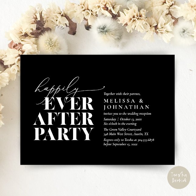 Invitación Afortunadamente Después De La Recepción De La Boda (Happily Ever After Party, Modern Wedding Reception Dinner Invitation Card pdf Black White)