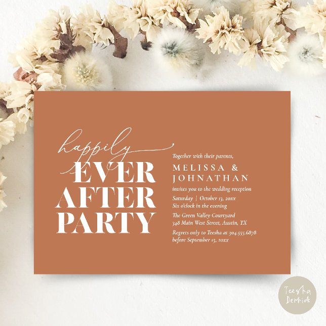 Invitación Afortunadamente Después De La Recepción De La Boda (Happily Ever After Party, Modern Wedding Reception Dinner Invitation Card pdf Copper Brown)