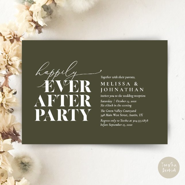 Invitación Afortunadamente Después De La Recepción De La Boda (Happily Ever After Party, Modern Wedding Reception Dinner Invitation Card pdf Olive Green)
