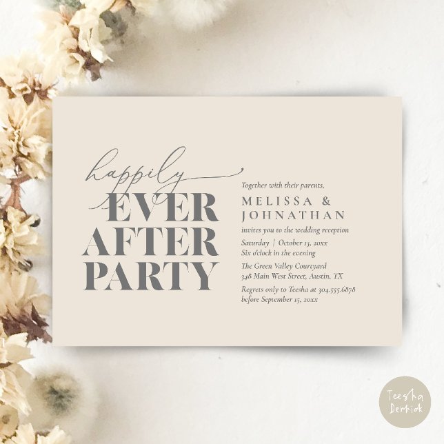 Invitación Afortunadamente Después De La Recepción De La Boda (Happily Ever After Party, Modern Wedding Reception Dinner Invitation Card pdf Cream Grey)