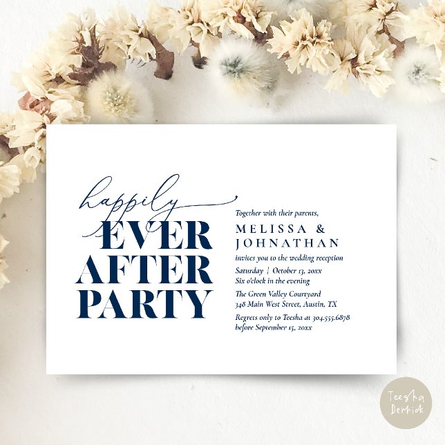 Invitación Afortunadamente Después De La Recepción De La Boda (Happily Ever After Party, Modern Wedding Reception Dinner Invitation Card pdf Navy Blue)