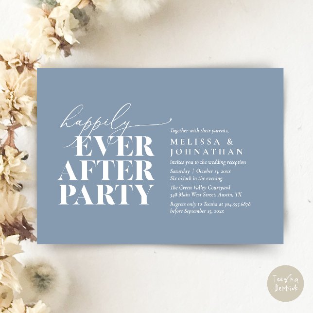 Invitación Afortunadamente Después De La Recepción De La Boda (Happily Ever After Party, Modern Wedding Reception Dinner Invitation Card pdf Dusty Blue)