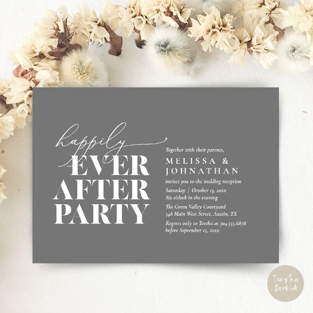 Invitación Afortunadamente Después De La Recepción De La Boda (Happily Ever After Party, Modern Wedding Reception Dinner Invitation Card pdf Dark Grey)