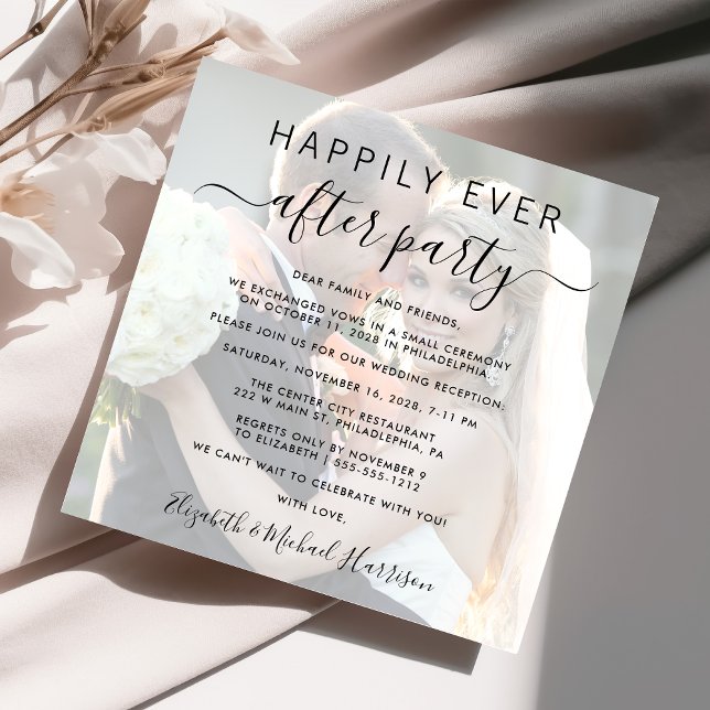 Invitación Afortunadamente después de la recepción de la boda (An chic photo overlay Happily Ever After Party invitation for your wedding celebration)