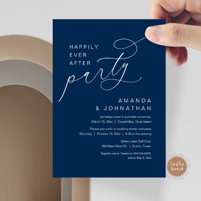 Invitación Afortunadamente Después De Su Fiesta, Boda Románti (Happily Ever After Party, Modern Romantic Wedding Dinner Invitation Card in navy blue)
