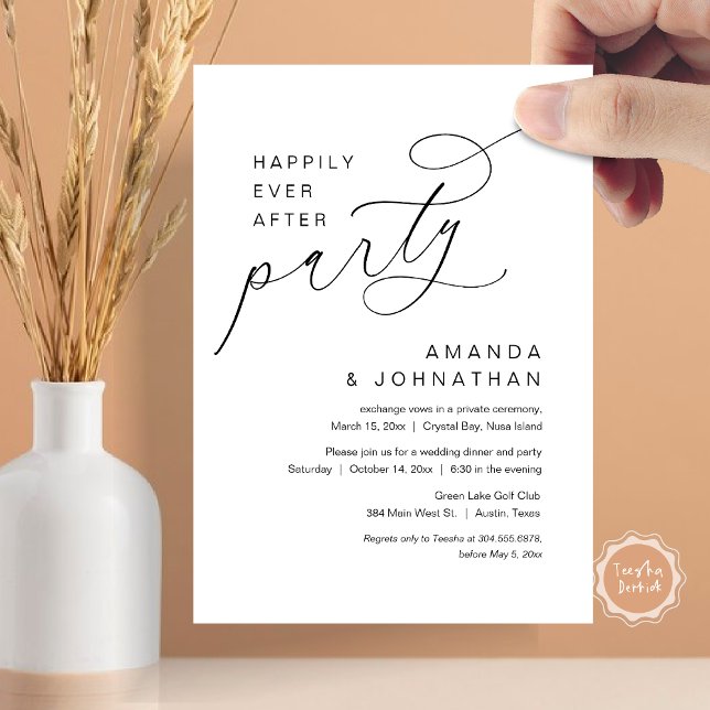 Invitación Afortunadamente Después De Su Fiesta, Boda Románti (Happily Ever After Party, Modern Romantic Wedding Dinner Invitation Card in Black and White)