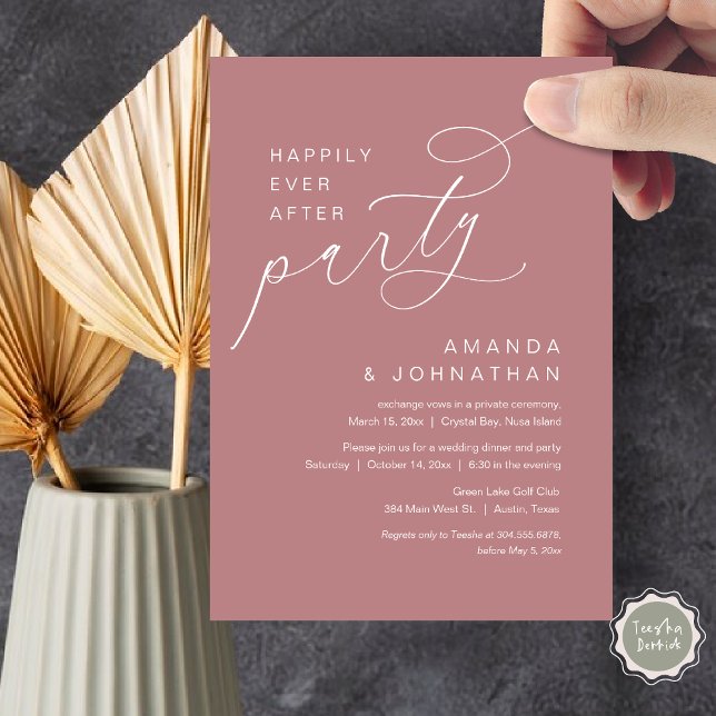 Invitación Afortunadamente Después De Su Fiesta, Boda Románti (Happily Ever After Party, Modern Romantic Wedding Dinner Invitation Card in Dusty rose pink)