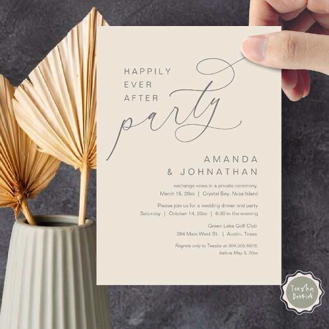 Invitación Afortunadamente Después De Su Fiesta, Boda Románti (Happily Ever After Party, Modern Romantic Wedding Dinner Invitation Card in Dark Grey and Cream)