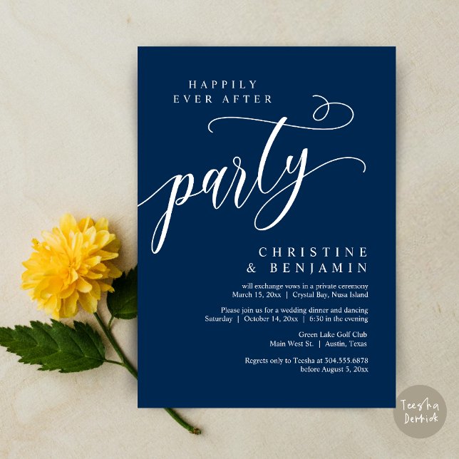 Invitación Afortunadamente Después De Un Fiesta, Boda Elopeme (Happily Ever After Party, Modern Romance Wedding Elopement Invitation Card, PDF, Timeless Navy Blue)