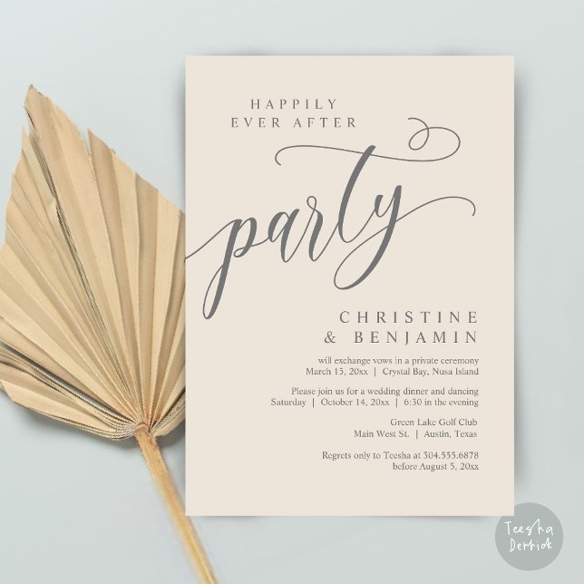 Invitación Afortunadamente Después De Un Fiesta, Boda Elopeme (Happily Ever After Party, Modern Romance Wedding Elopement Invitation Card, PDF, in Cream dark grey)