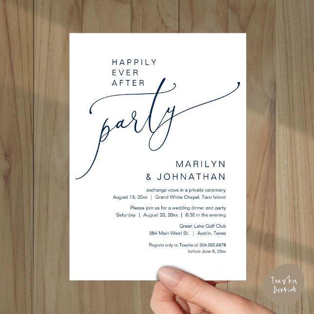 Invitación Afortunadamente Después De Un Fiesta De Elopement  (Happily Ever After Wedding Elopement Party Invitation Card, PDF, Modern Romantic, Navy Blue)