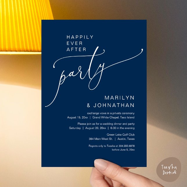 Invitación Afortunadamente Después De Un Fiesta De Elopement  (Happily Ever After Wedding Elopement Party Invitation Card, PDF, Modern Romantic, Navy Blue)