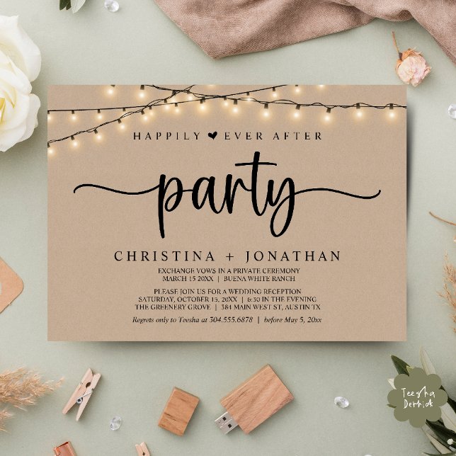 Invitación Afortunadamente Después De Un fiesta, Las Cadenas  (Happily Ever After party, String Lights Wedding Invitation Card PDF Cottage Brown Kraft)