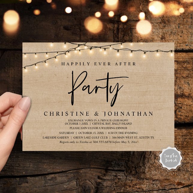 Invitación Afortunadamente Después De Un fiesta, Las Cadenas  (Happily Ever After party, String Lights Brown Wood, Wedding Elopement Invitation Cards)