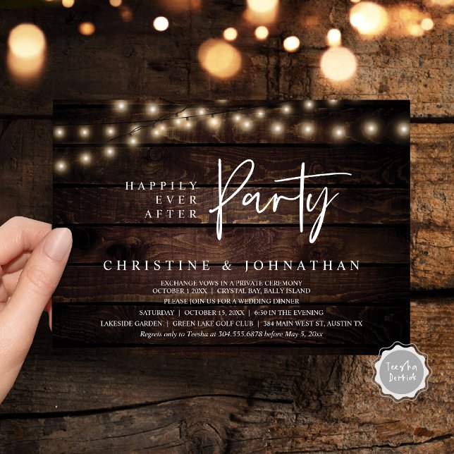 Invitación Afortunadamente Después De Un fiesta, Las Cadenas  (Happily Ever After party, String Lights Brown dark wood, Wedding Elopement Invitation Cards)