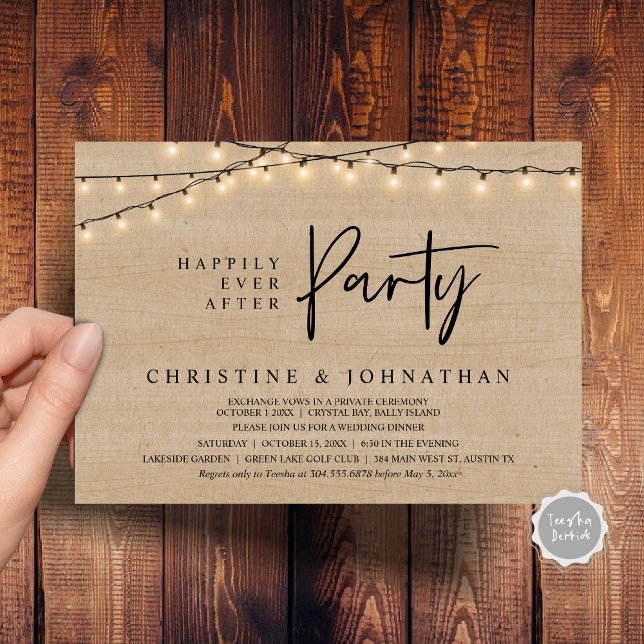 Invitación Afortunadamente Después De Un fiesta, Las Cadenas  (Happily Ever After party, String Lights Brown Rustic Wood, Wedding Elopement Invitation Cards)